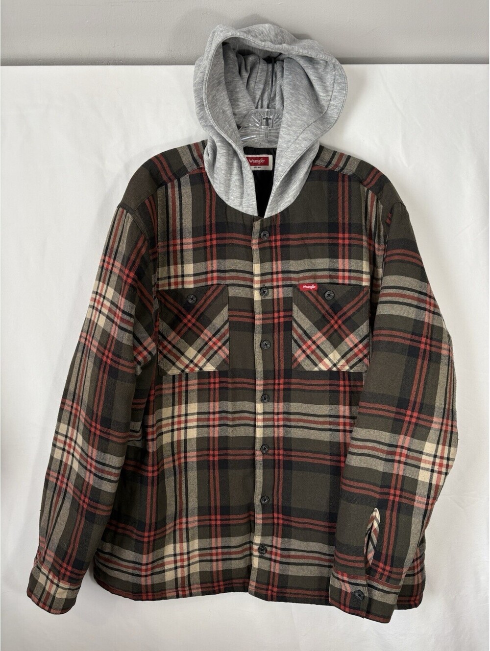 Wrangler Mens L Insulated Flannel Shirt Jacket Plaid Hooded Quilted Shacket